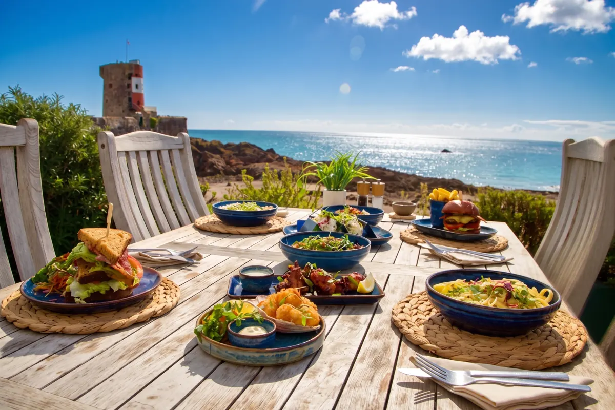 A table of Driftwood dishes, Archirondel Tower beyond