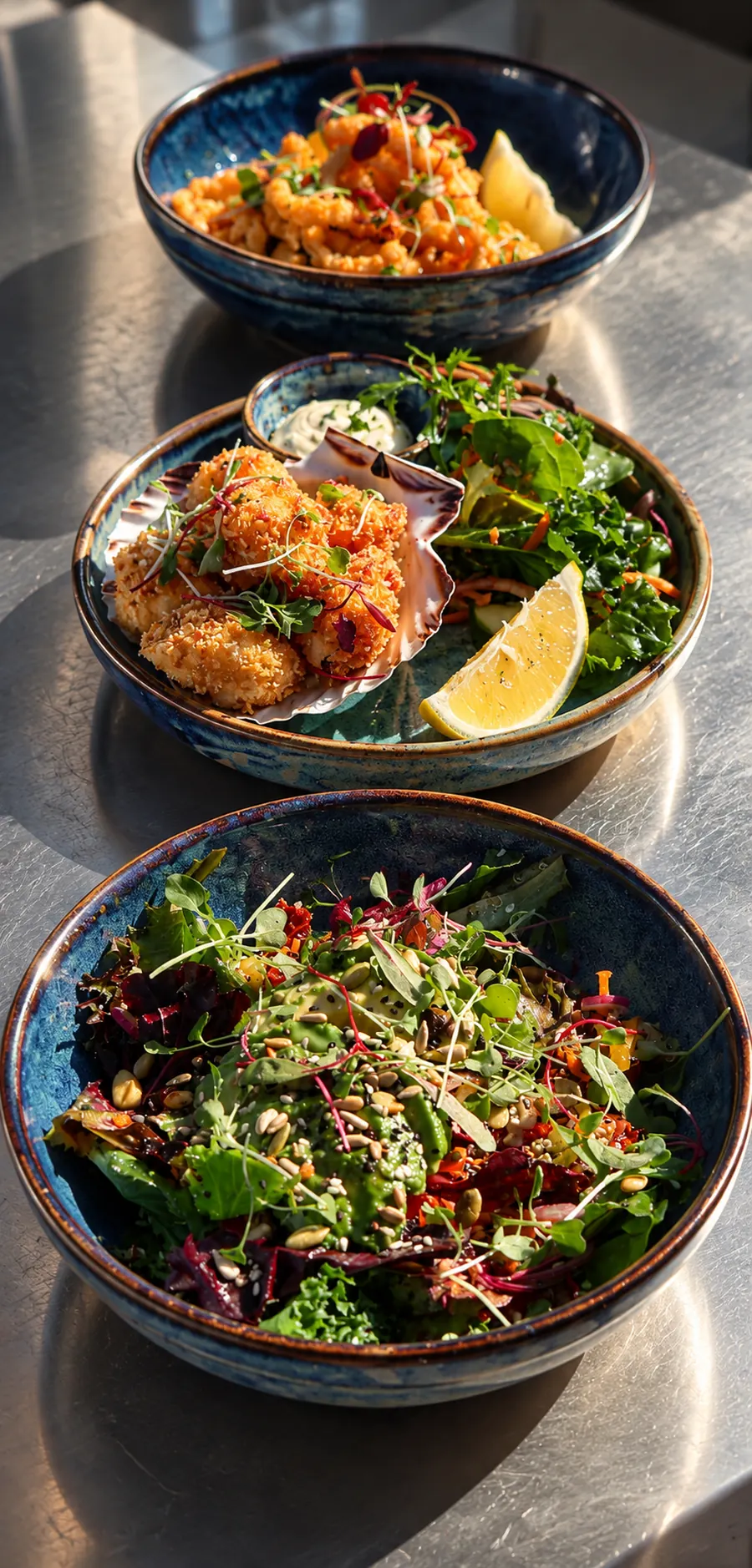 Bowls of the day's dishes down the terrace bench