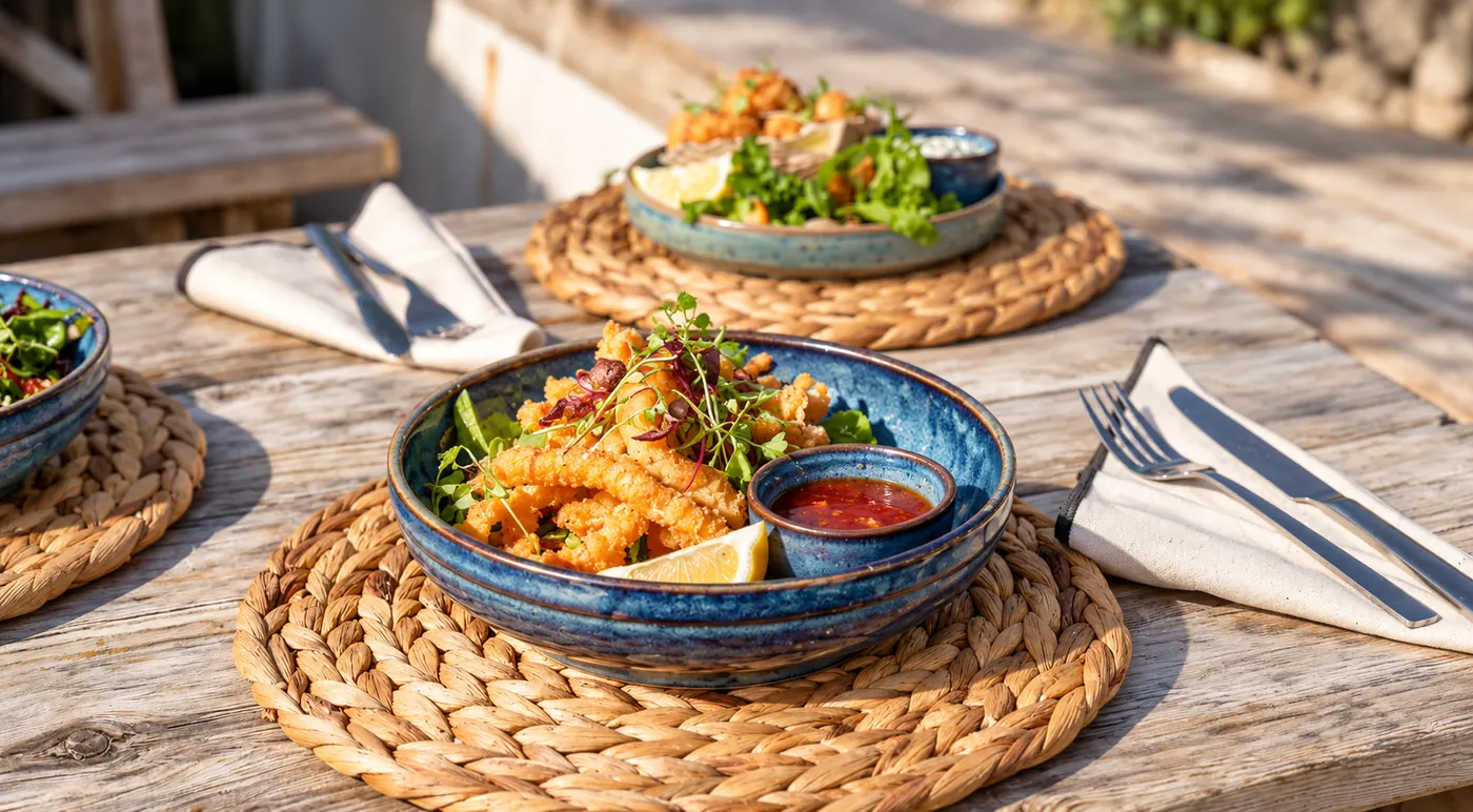Crispy calamari bowls with dips on the terrace