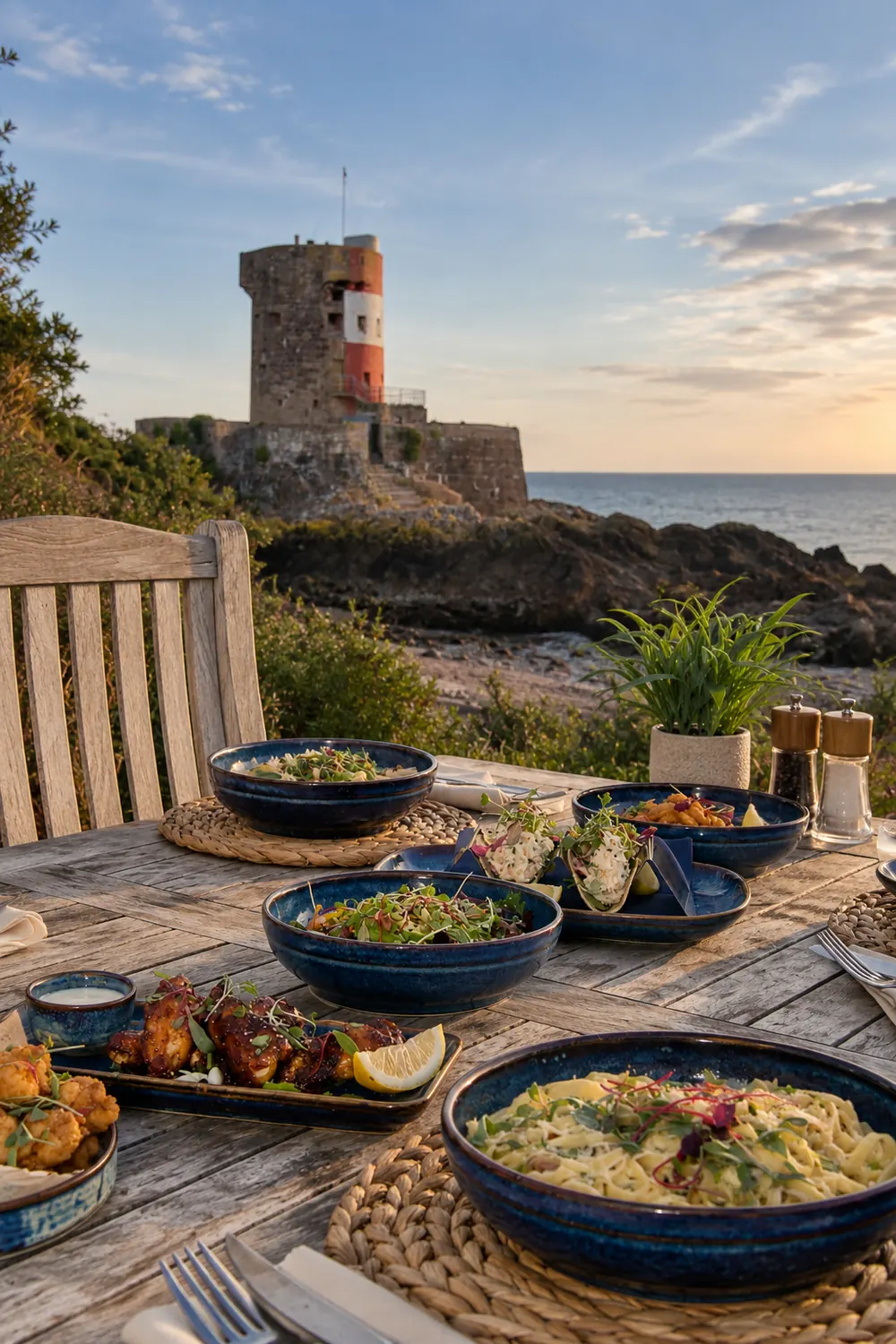 Dinner on the terrace with the tower behind