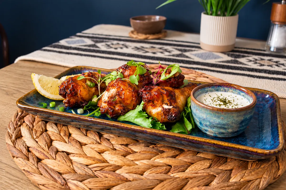 Sticky glazed bites with a dip on the blue ceramics