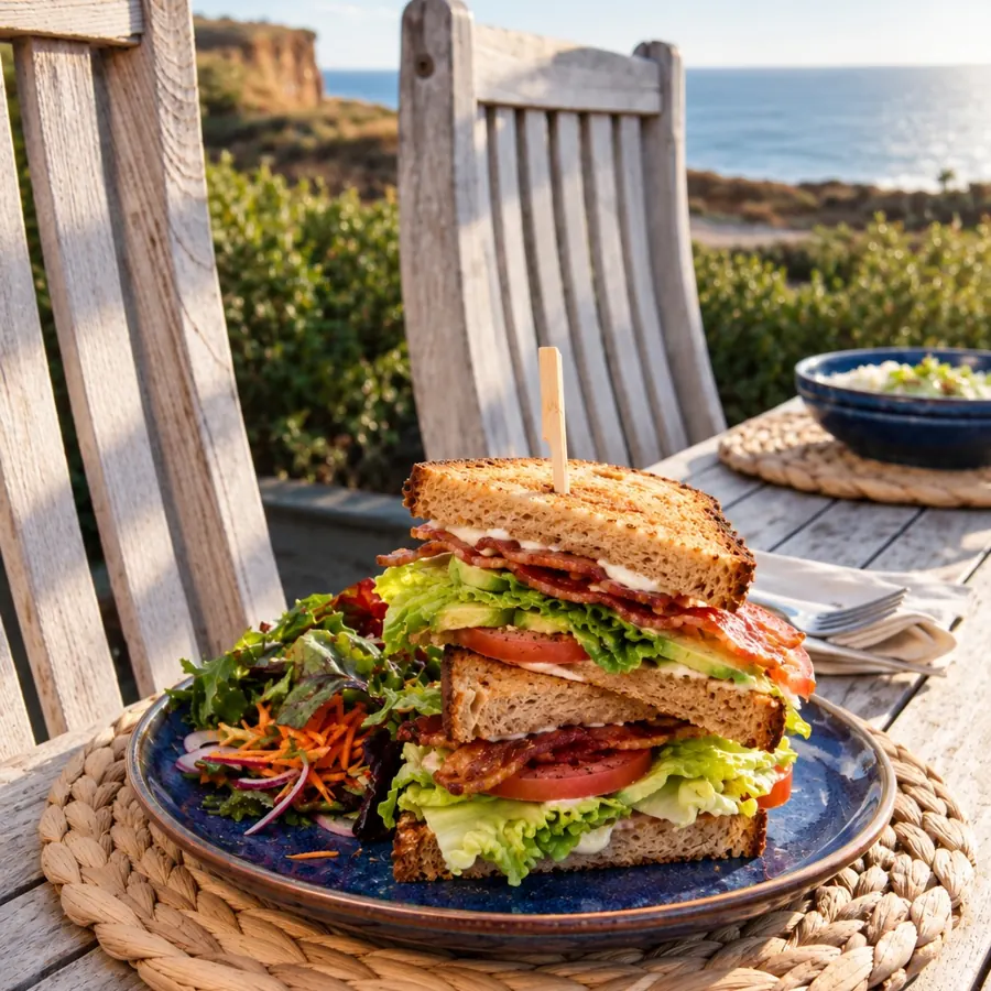 The BLT stacked high, with salad and coleslaw