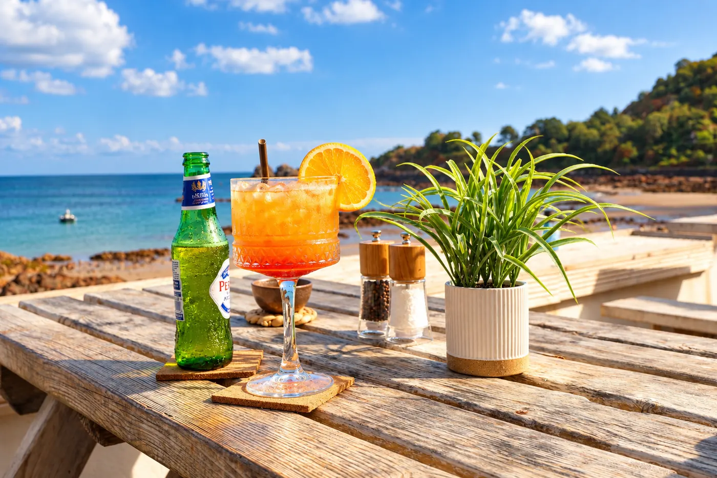 A cocktail and a cold beer on the terrace, bay behind