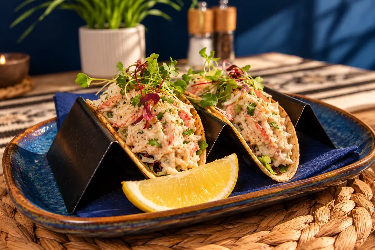 Fish tacos with lemon on the blue ceramics