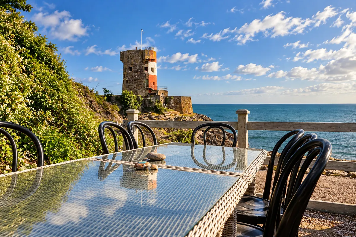 A bistro table laid for lunch, Archirondel Tower beyond