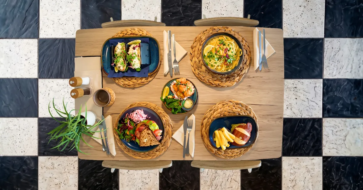 A table of Driftwood dishes from above