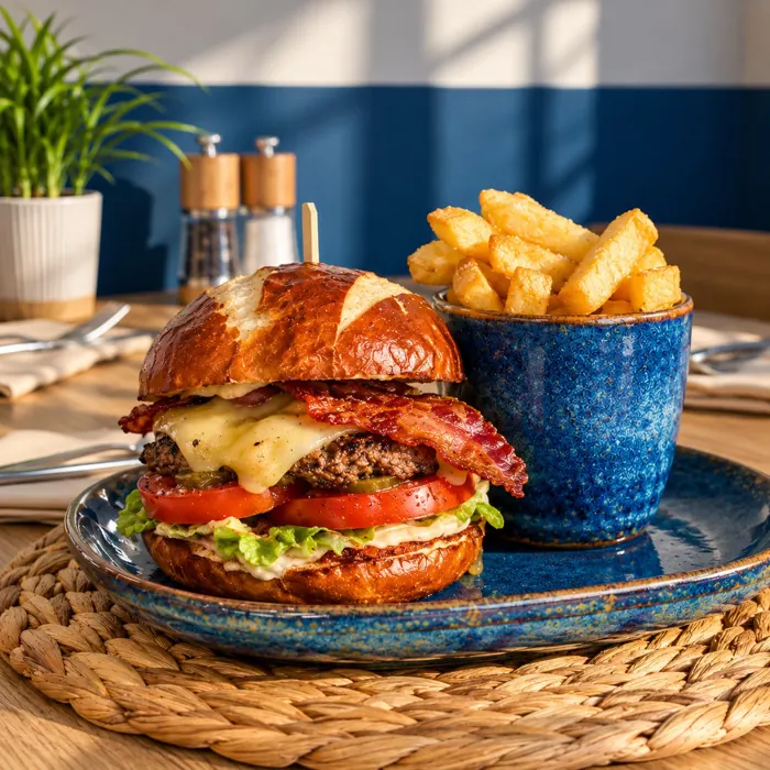 Bacon cheeseburger in a pretzel bun with a pot of chips