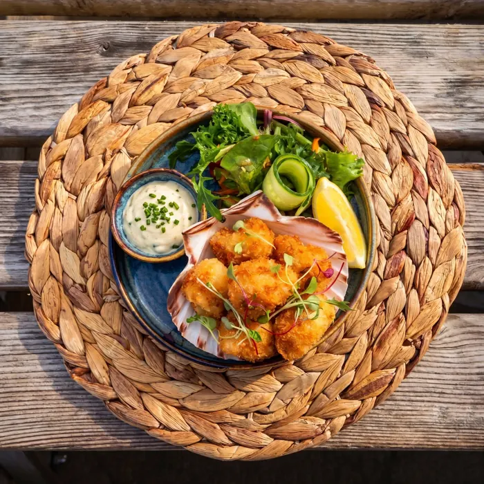 Crispy breaded bites served on a scallop shell with lemon